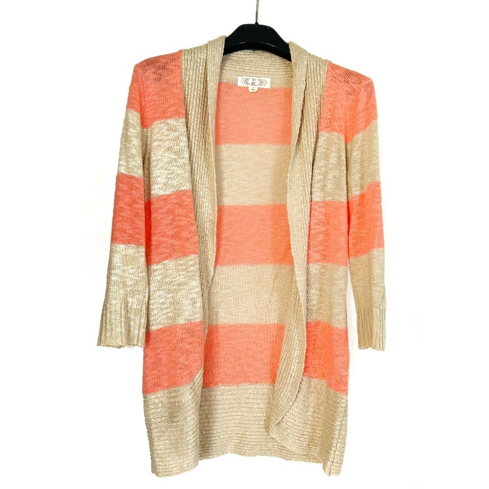 Striped Cardigan Beige Fluorescent Pink Bright 3/4 Sleeve Small 2010s Pink Rose